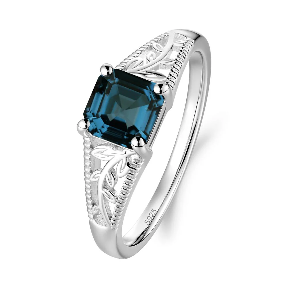 Leaf Inspired Asscher Cut London Blue Topaz Solitaire Ring - Image 3