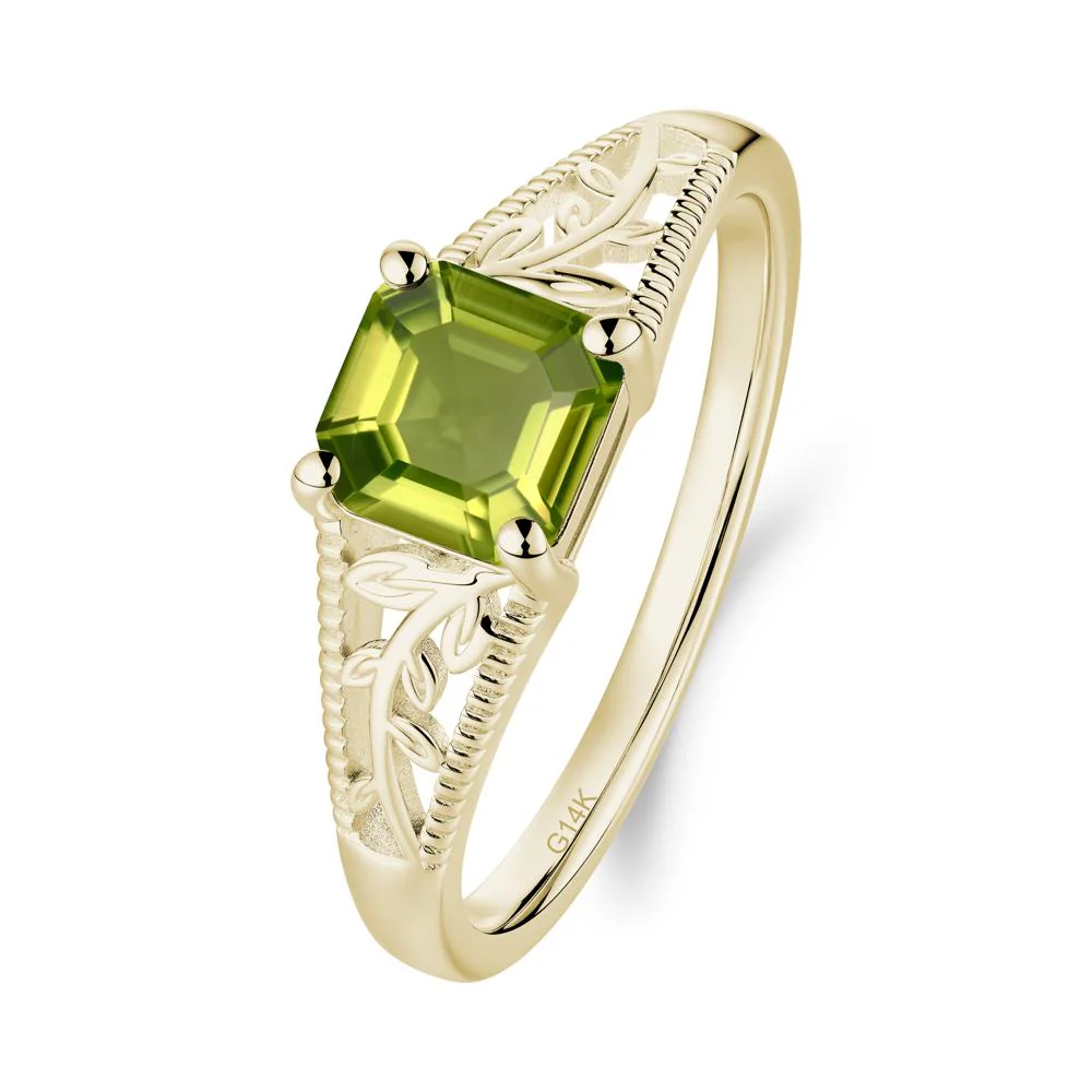 Leaf Inspired Asscher Cut Peridot Solitaire Ring