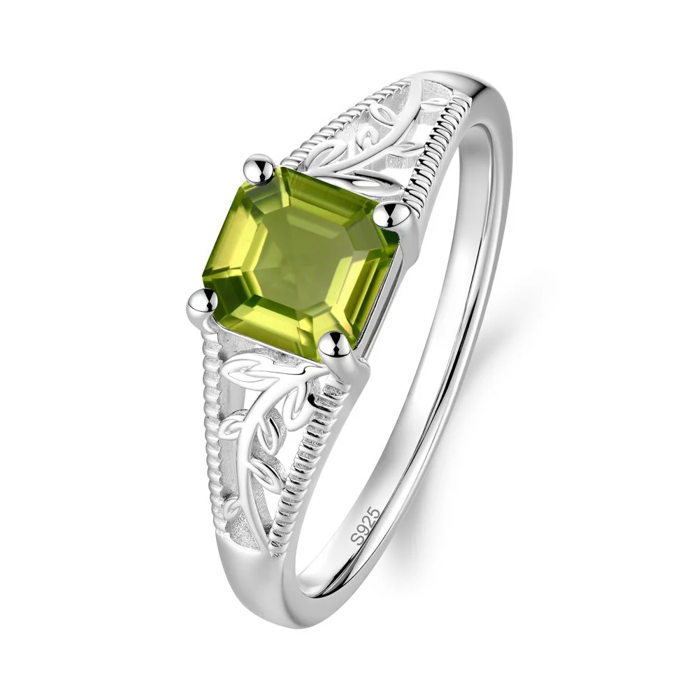 Leaf Inspired Asscher Cut Peridot Solitaire Ring - Image 8