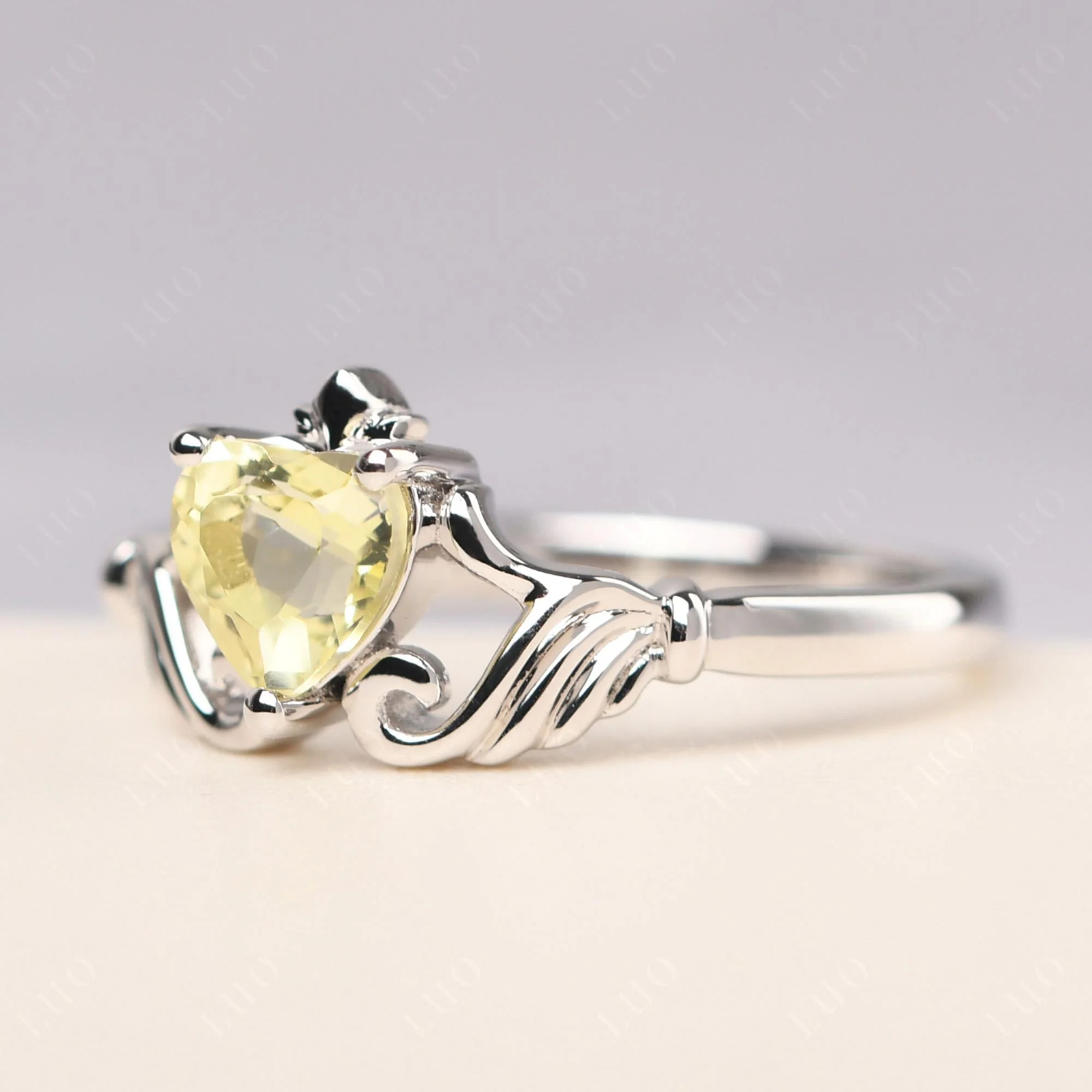 Heart Shaped Lemon Quartz Claddagh Ring - Image 30