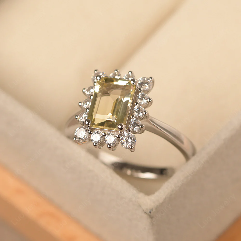 Emerald Cut Lemon Quartz Halo Luxury Ring - Image 2