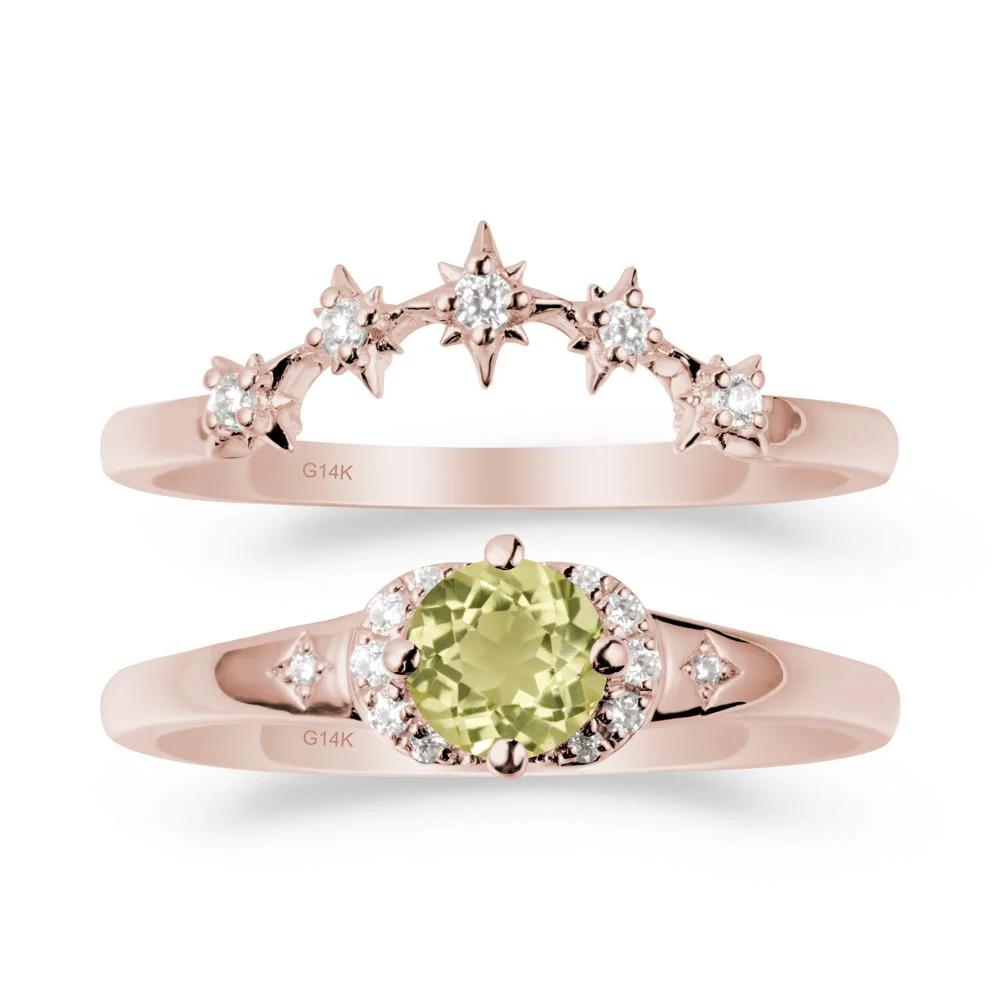 Lemon Quartz Halo and Star Crown Ring Set