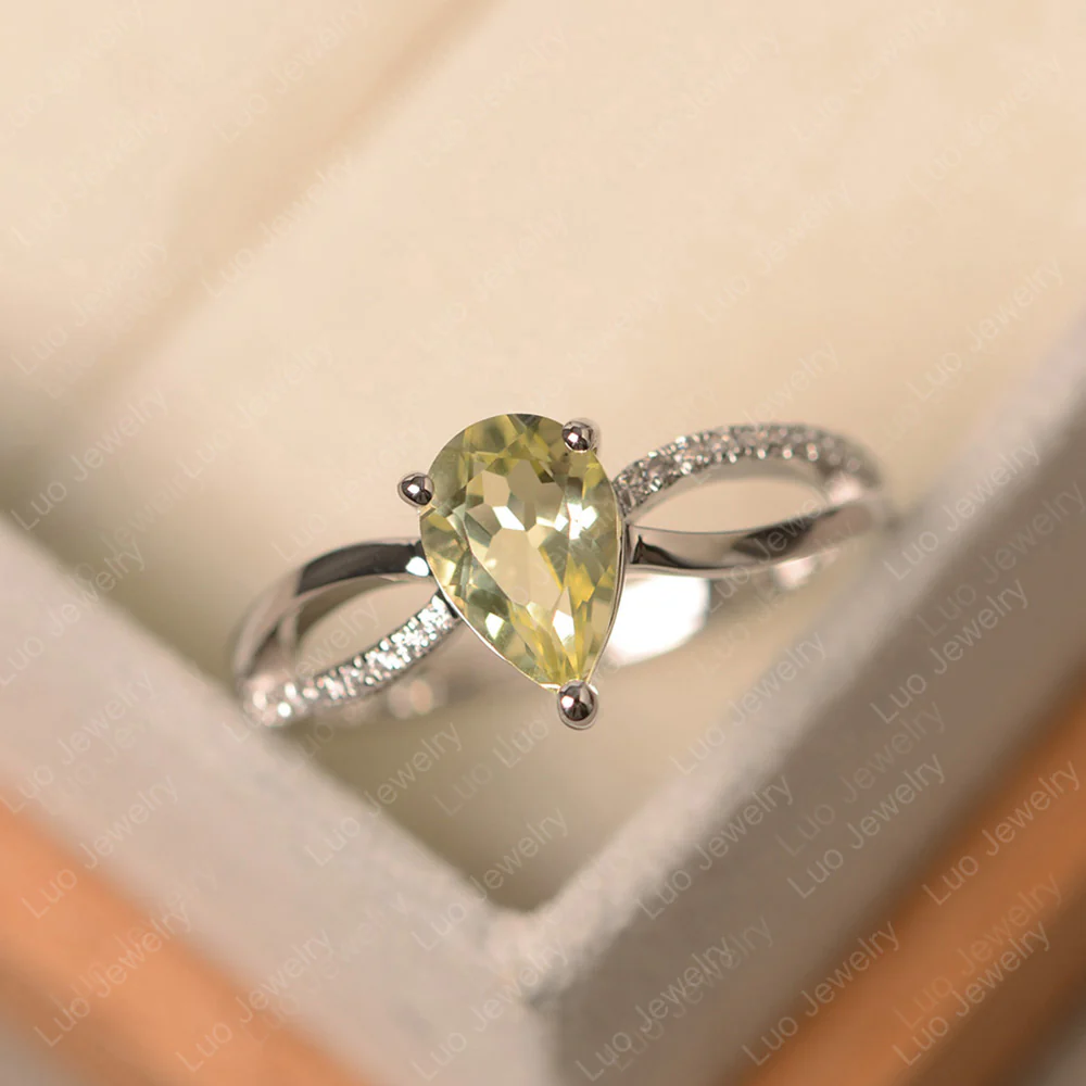 Pear Shaped Lemon Quartz Ring Split Shank