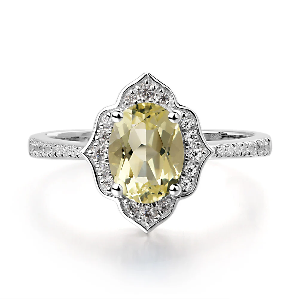 Oval Lemon Quartz Floral Halo Engagement Ring