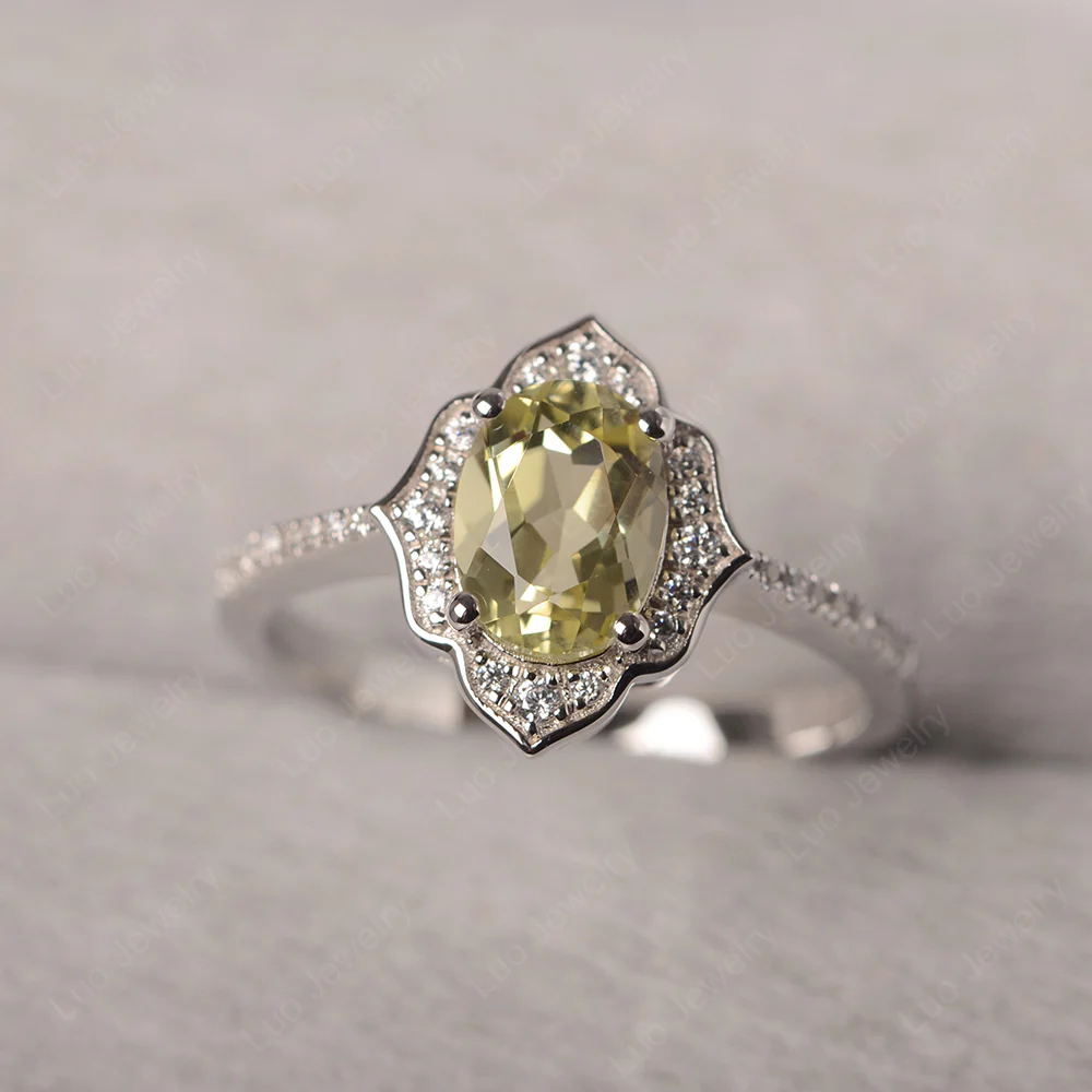 Oval Lemon Quartz Floral Halo Engagement Ring - Image 2