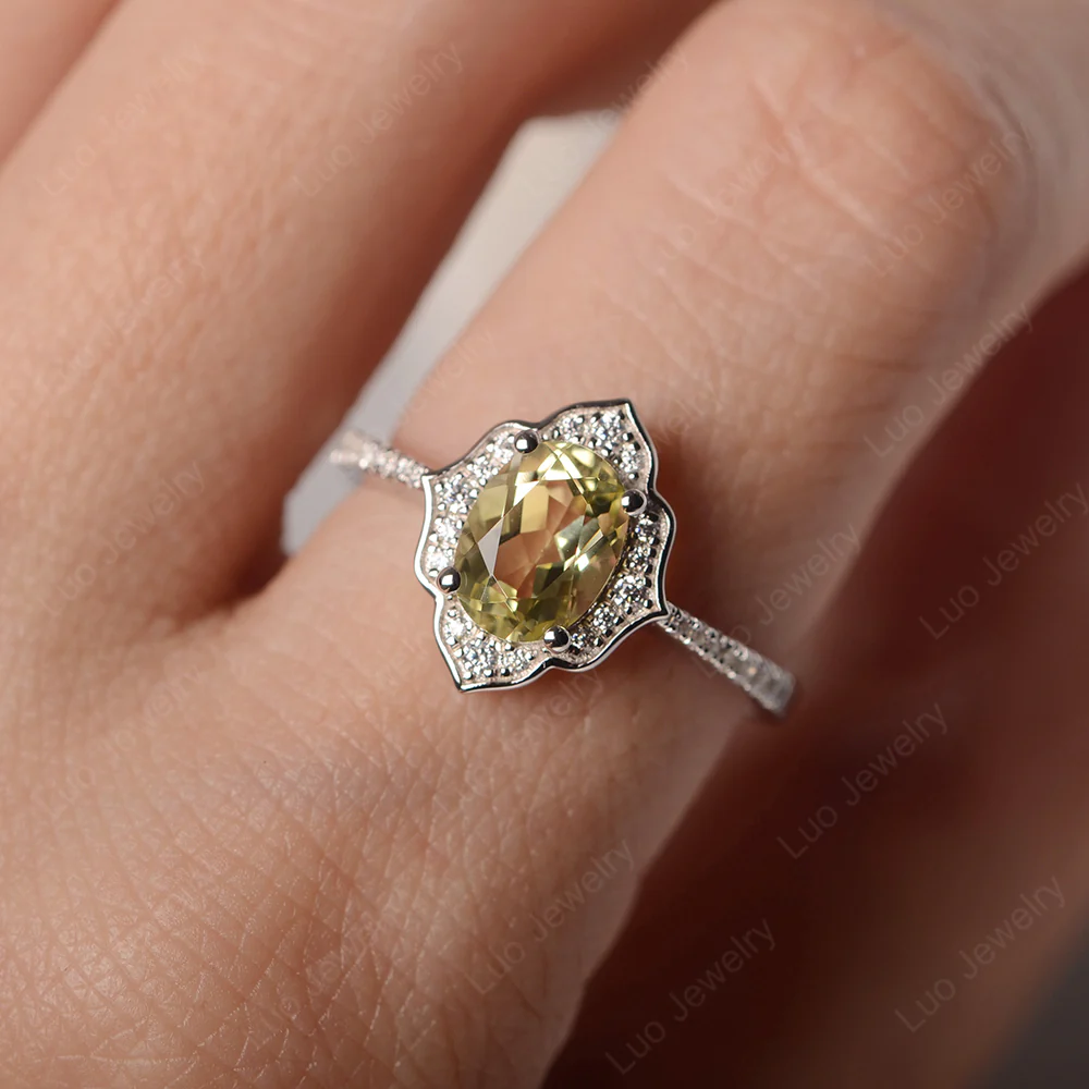 Oval Lemon Quartz Floral Halo Engagement Ring - Image 6
