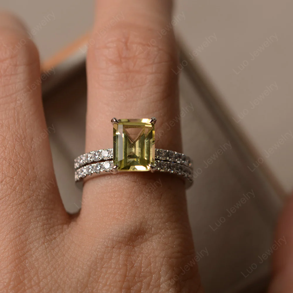 Emerald Cut Lemon Quartz Wedding Ring Sets - Image 3