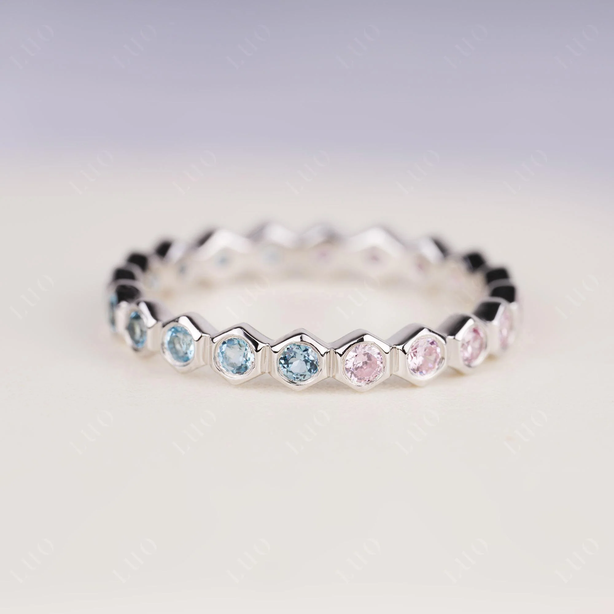 London Blue Topaz and Pink Cubic Zirconia Hexagon Band Ring