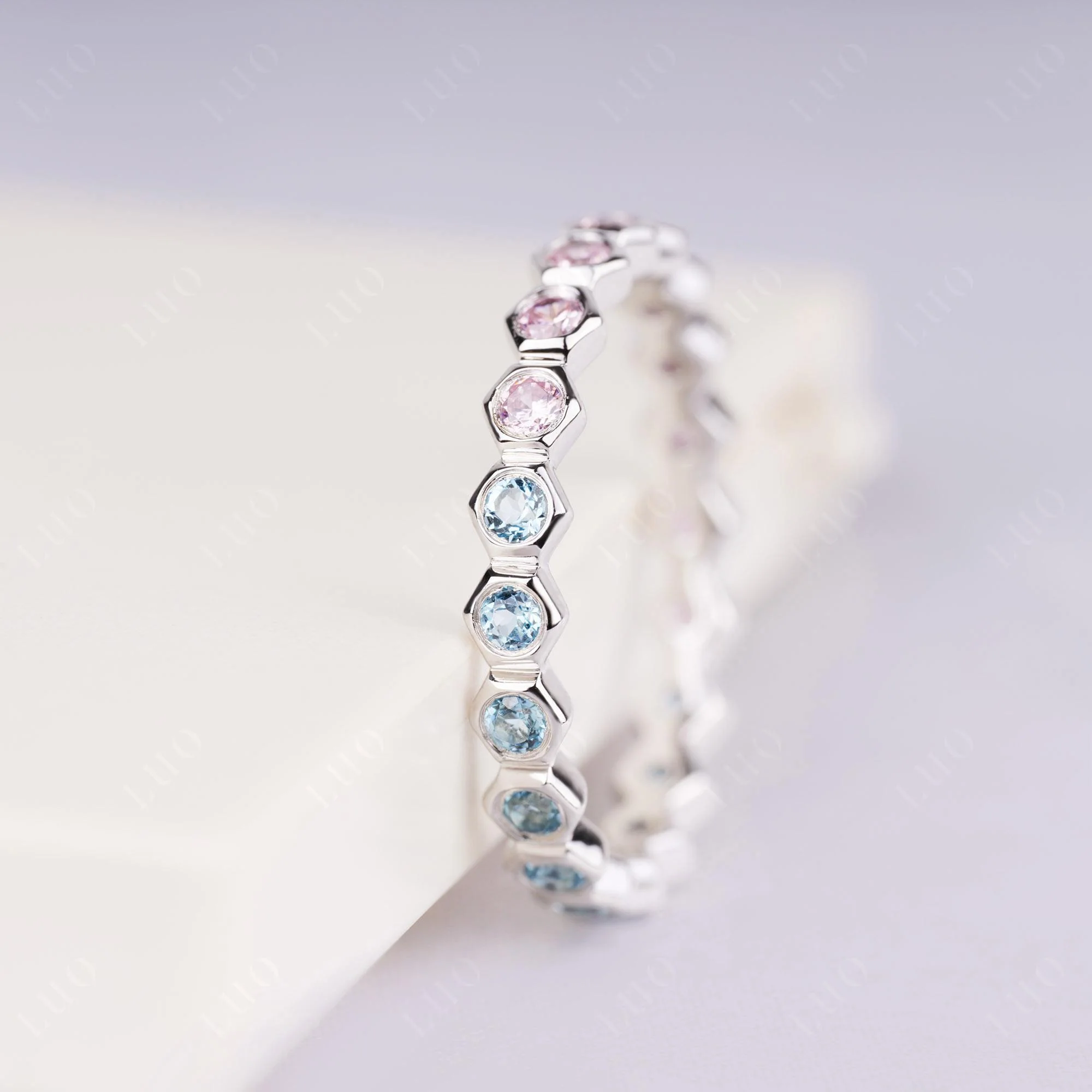London Blue Topaz and Pink Cubic Zirconia Hexagon Band Ring - Image 2