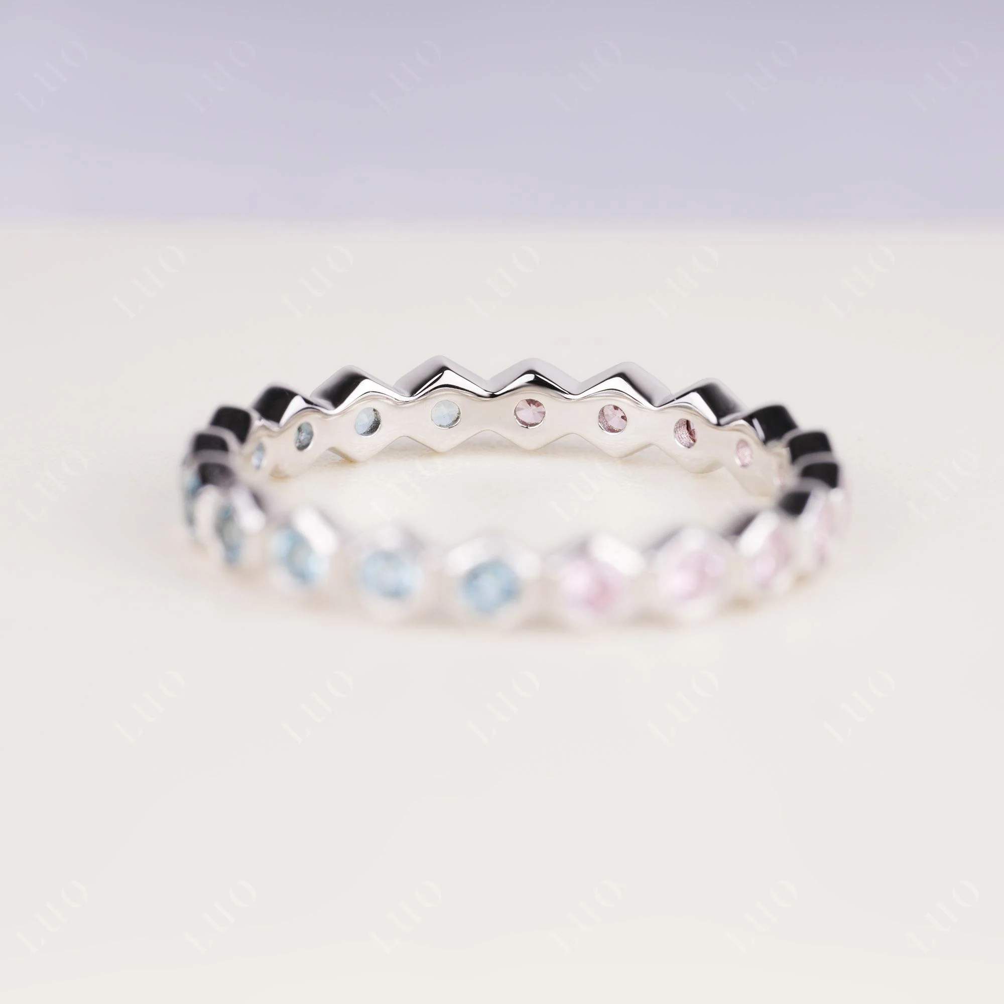 London Blue Topaz and Pink Cubic Zirconia Hexagon Band Ring - Image 3