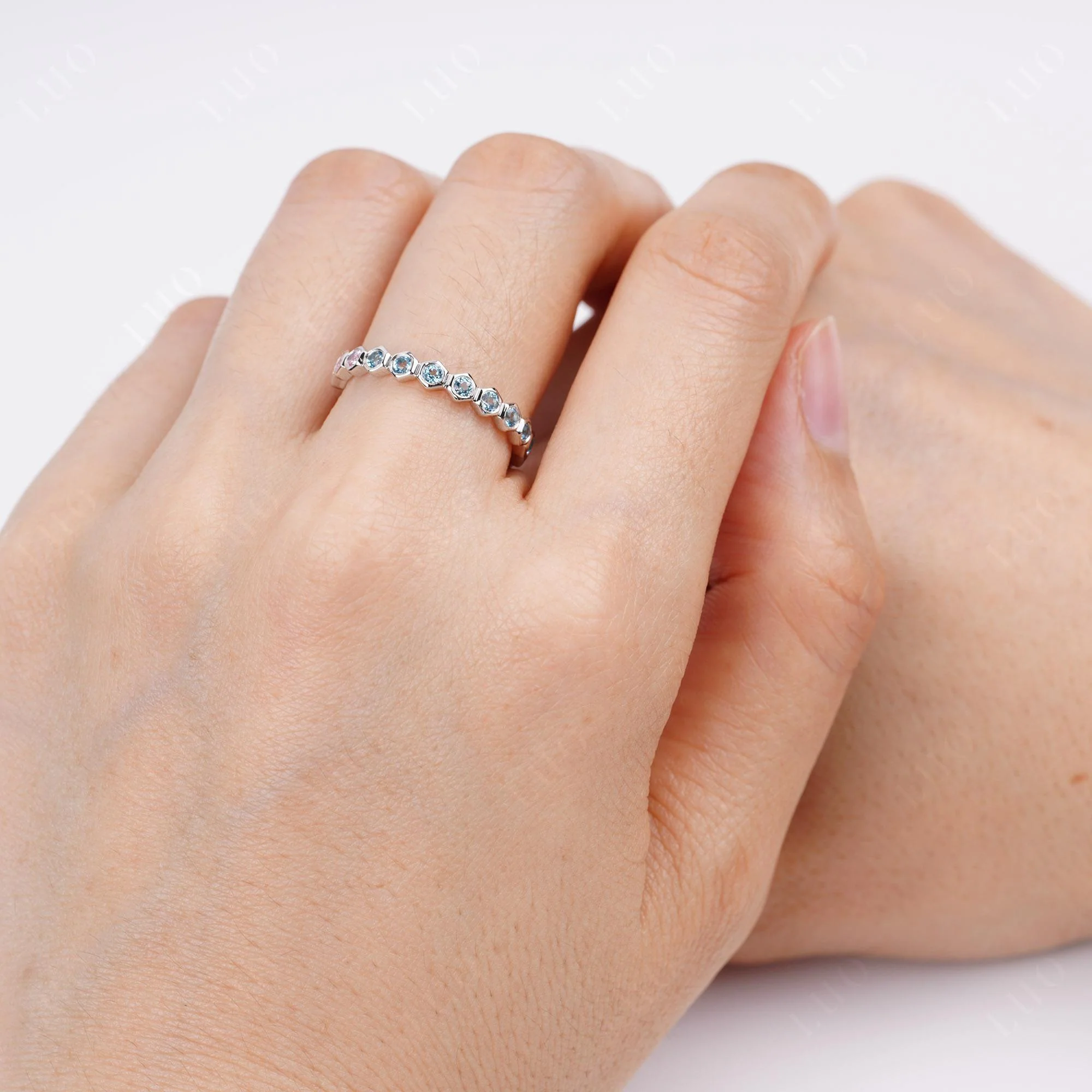 London Blue Topaz and Pink Cubic Zirconia Hexagon Band Ring - Image 4