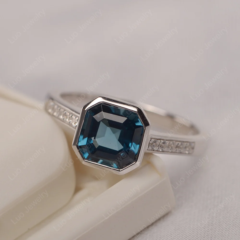 London Blue Topaz Bezel Set Asscher Cut Ring
