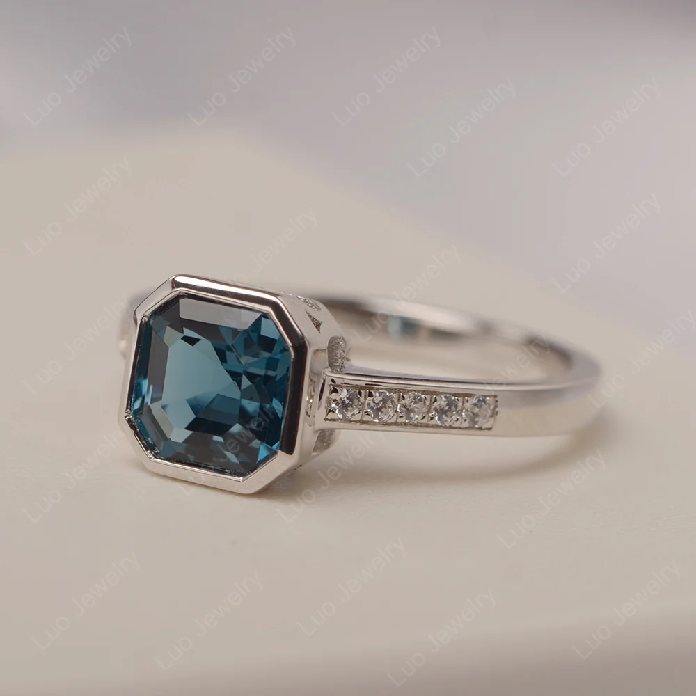 London Blue Topaz Bezel Set Asscher Cut Ring - Image 2