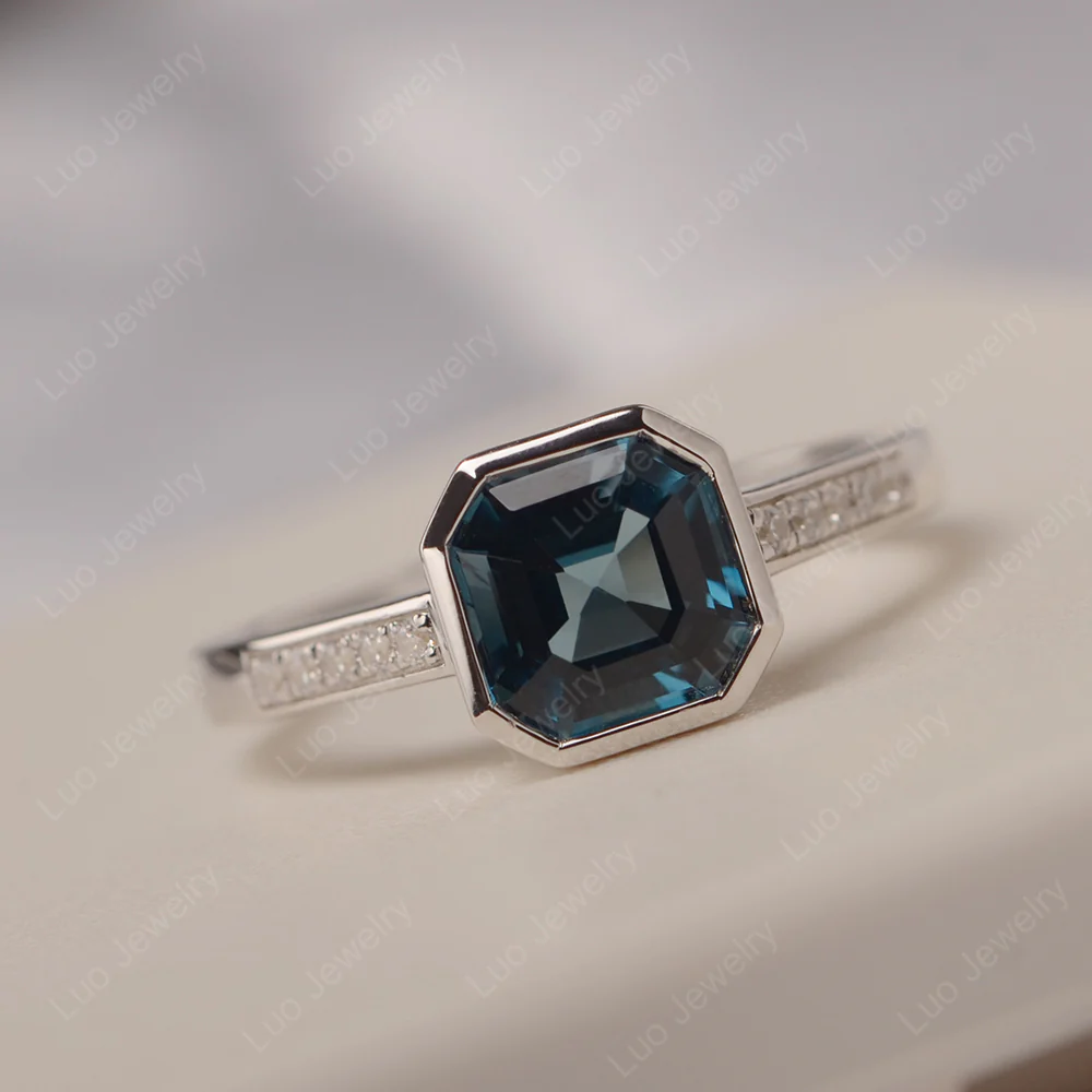 London Blue Topaz Bezel Set Asscher Cut Ring - Image 3