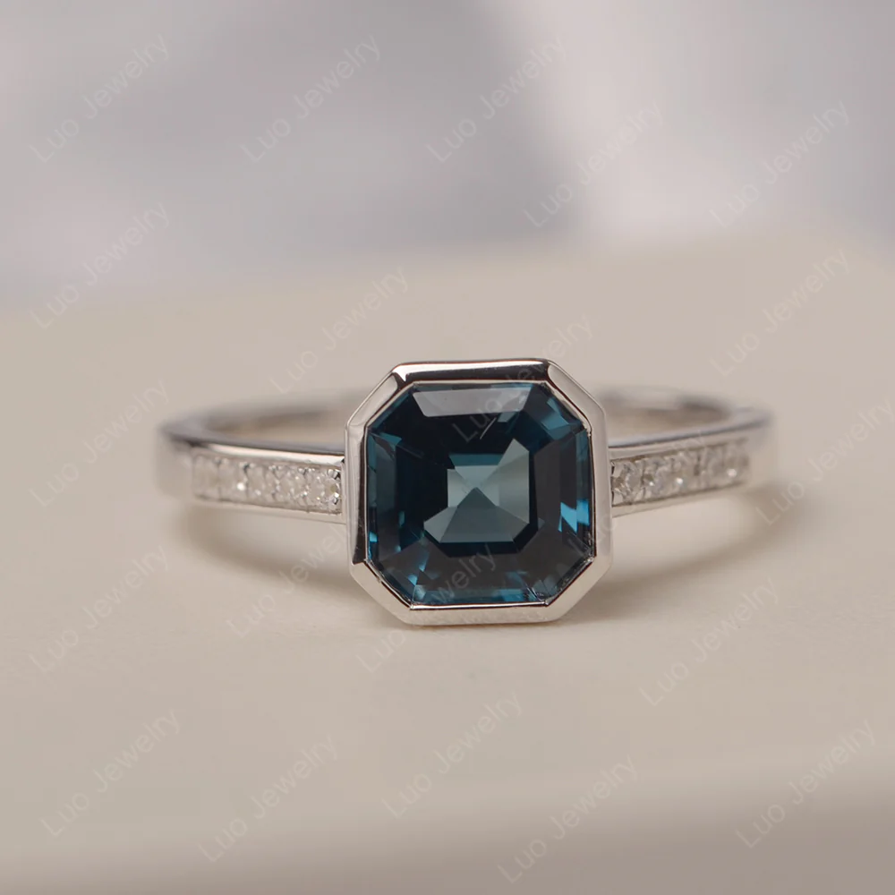 London Blue Topaz Bezel Set Asscher Cut Ring - Image 4