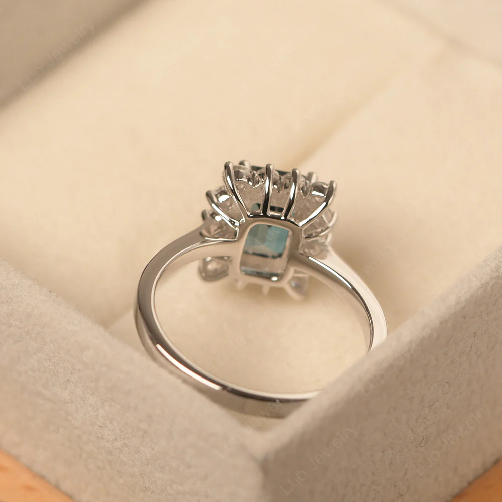 London Blue Topaz Emerald Cut Halo Engagement Ring - Image 3