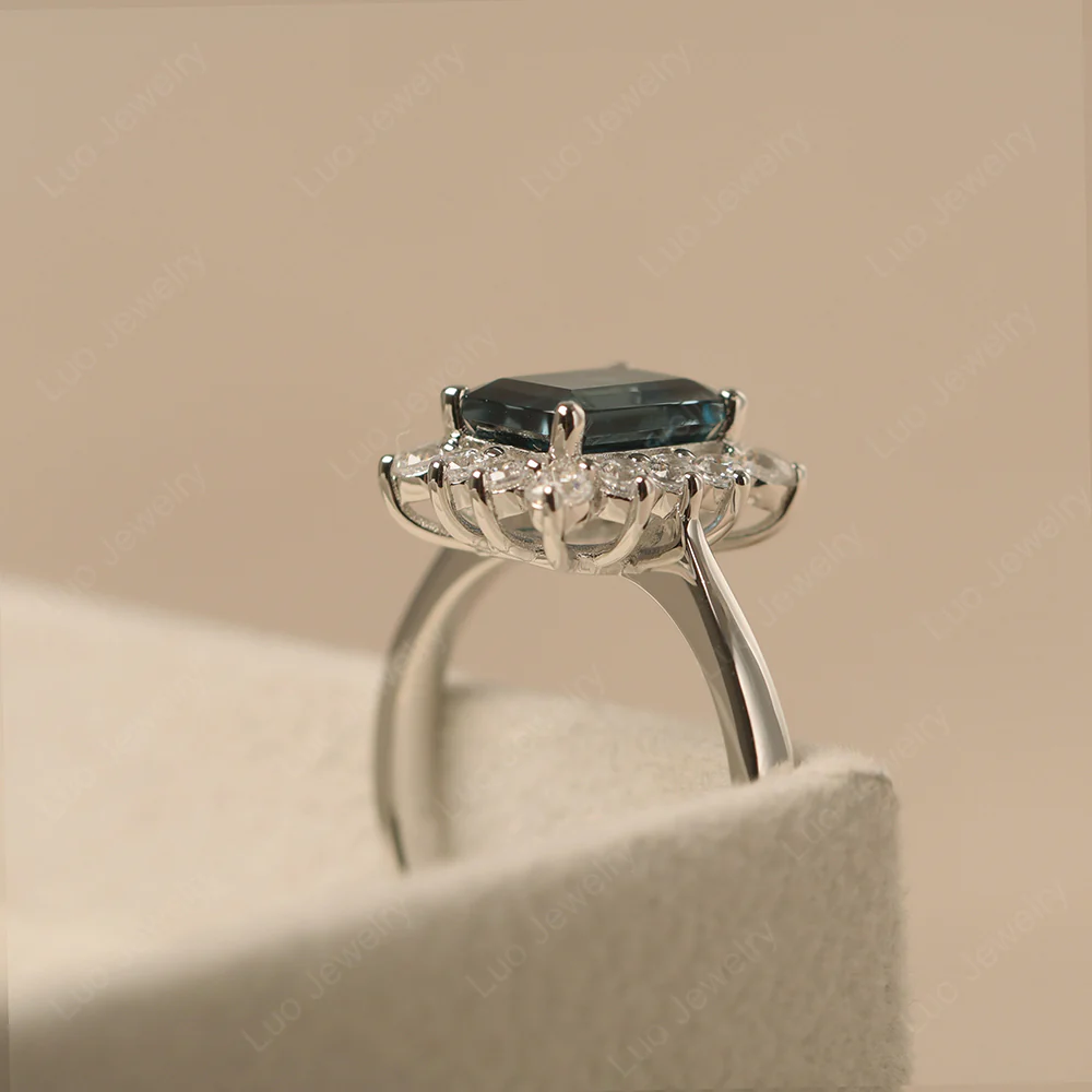 London Blue Topaz Emerald Cut Halo Engagement Ring - Image 4