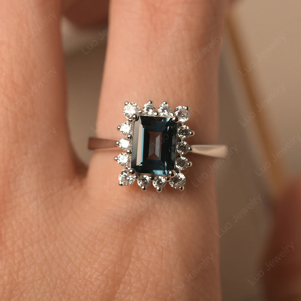 London Blue Topaz Emerald Cut Halo Engagement Ring - Image 5