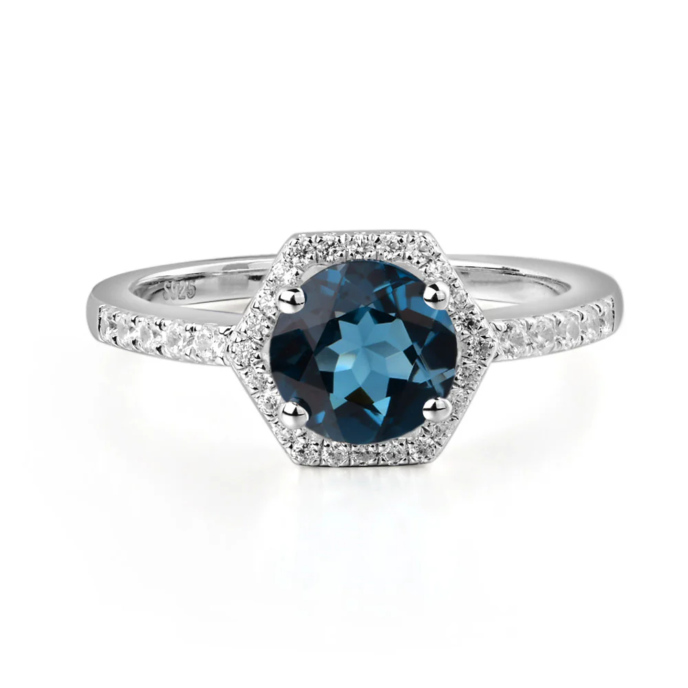 London Blue Topaz Hexagon Halo Engagement Ring