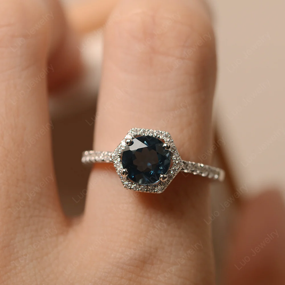 London Blue Topaz Hexagon Halo Engagement Ring - Image 6