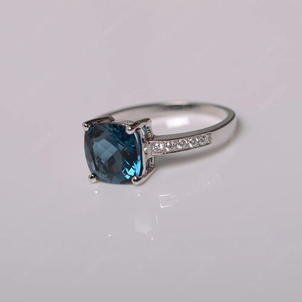 Simple Cushion Cut London Blue Topaz Promise Ring - Image 2