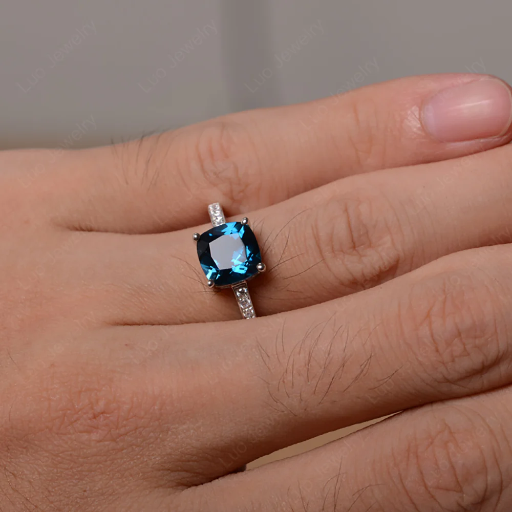 Simple Cushion Cut London Blue Topaz Promise Ring - Image 3