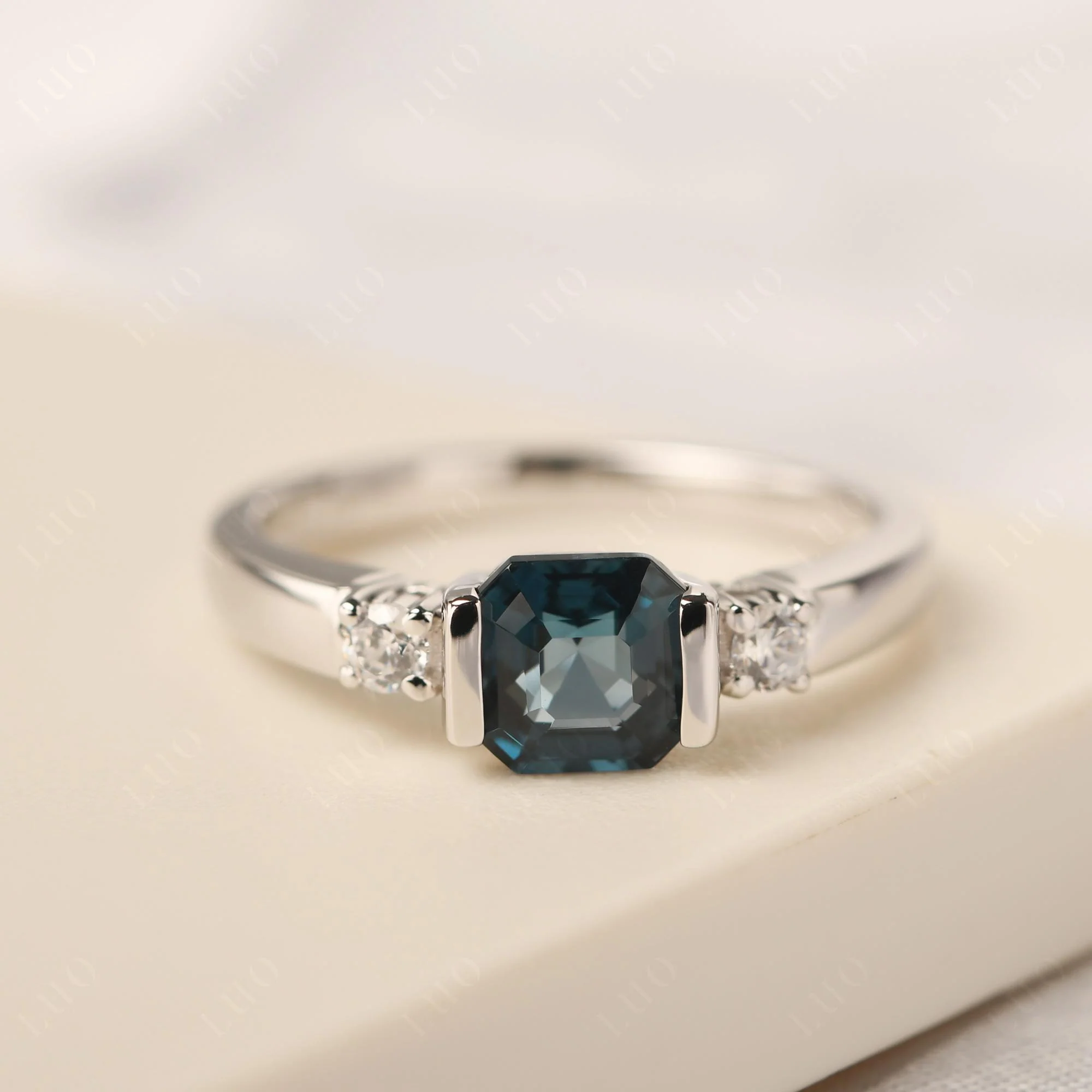 London Blue Topaz Half Bezel Set Asscher Cut Ring - Image 10