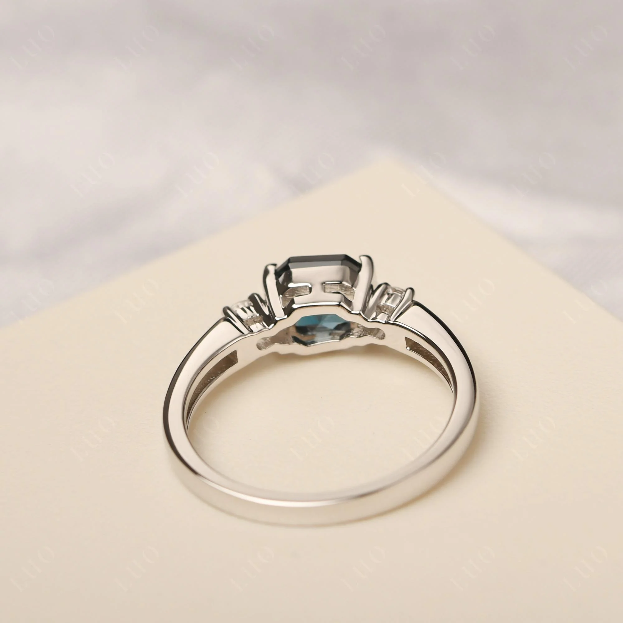 London Blue Topaz Half Bezel Set Asscher Cut Ring - Image 12