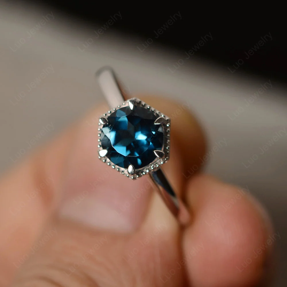 London Blue Topaz Hexagon Set Solitaire Ring - Image 2