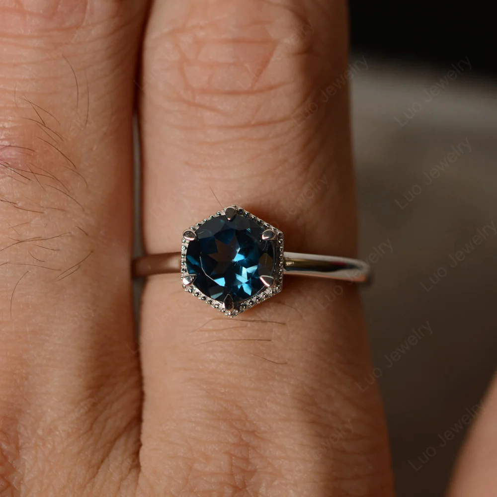London Blue Topaz Hexagon Set Solitaire Ring - Image 4