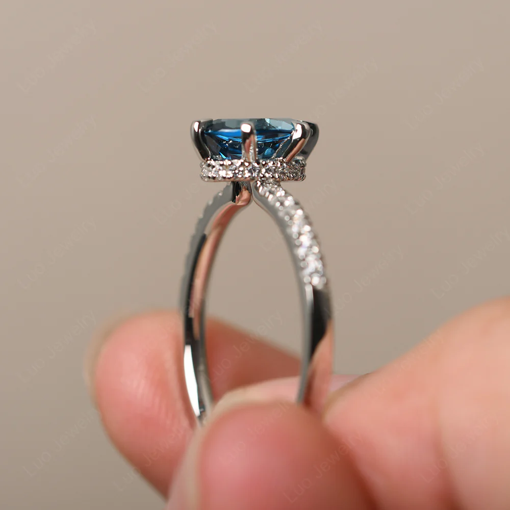 London Blue Topaz Hidden Halo Oval Engagement Ring - Image 4