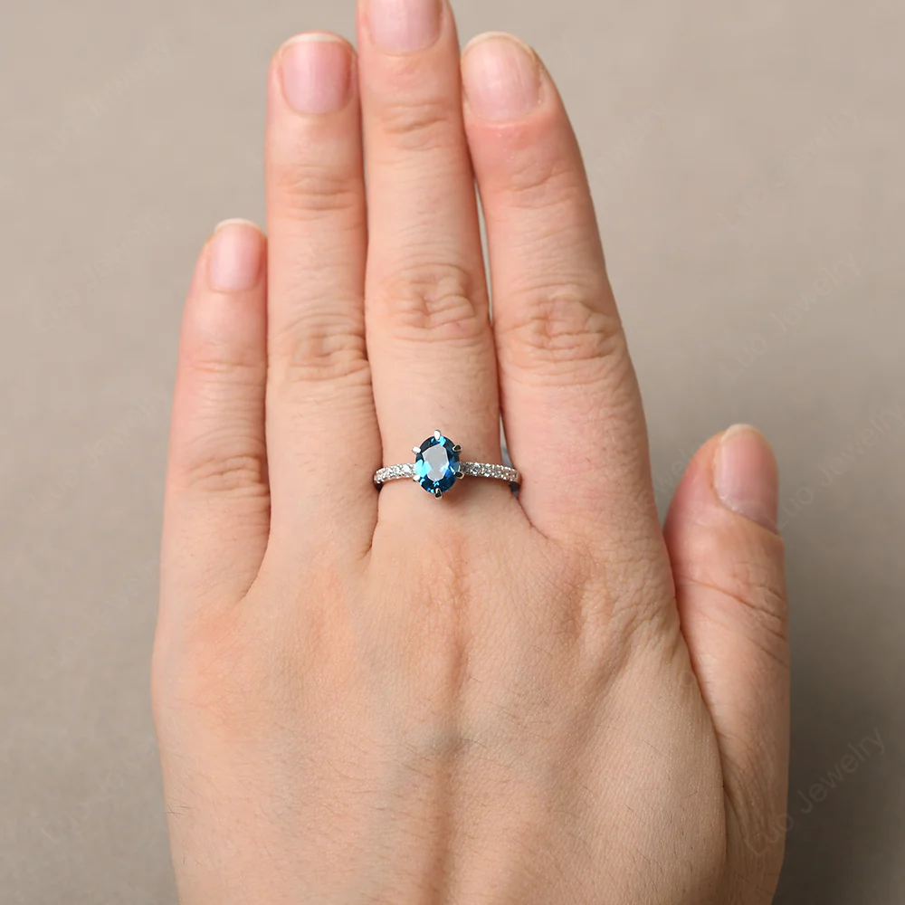 London Blue Topaz Hidden Halo Oval Engagement Ring - Image 5