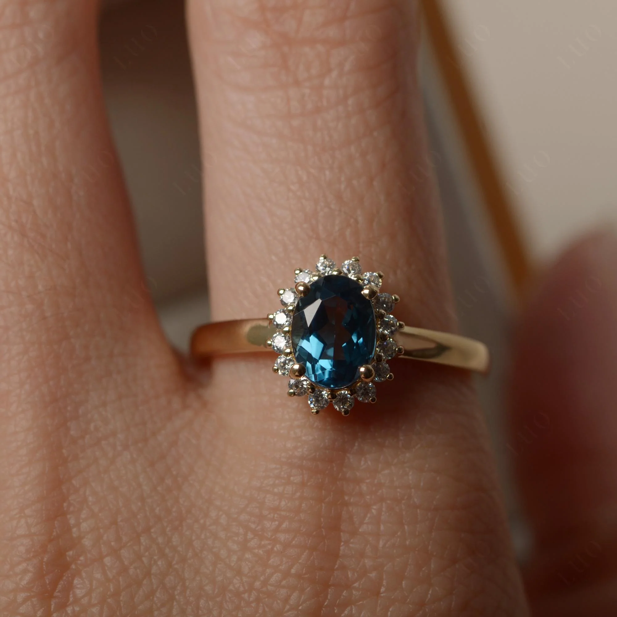 London Blue Topaz Oval Sunburst Engagement Ring - Image 4