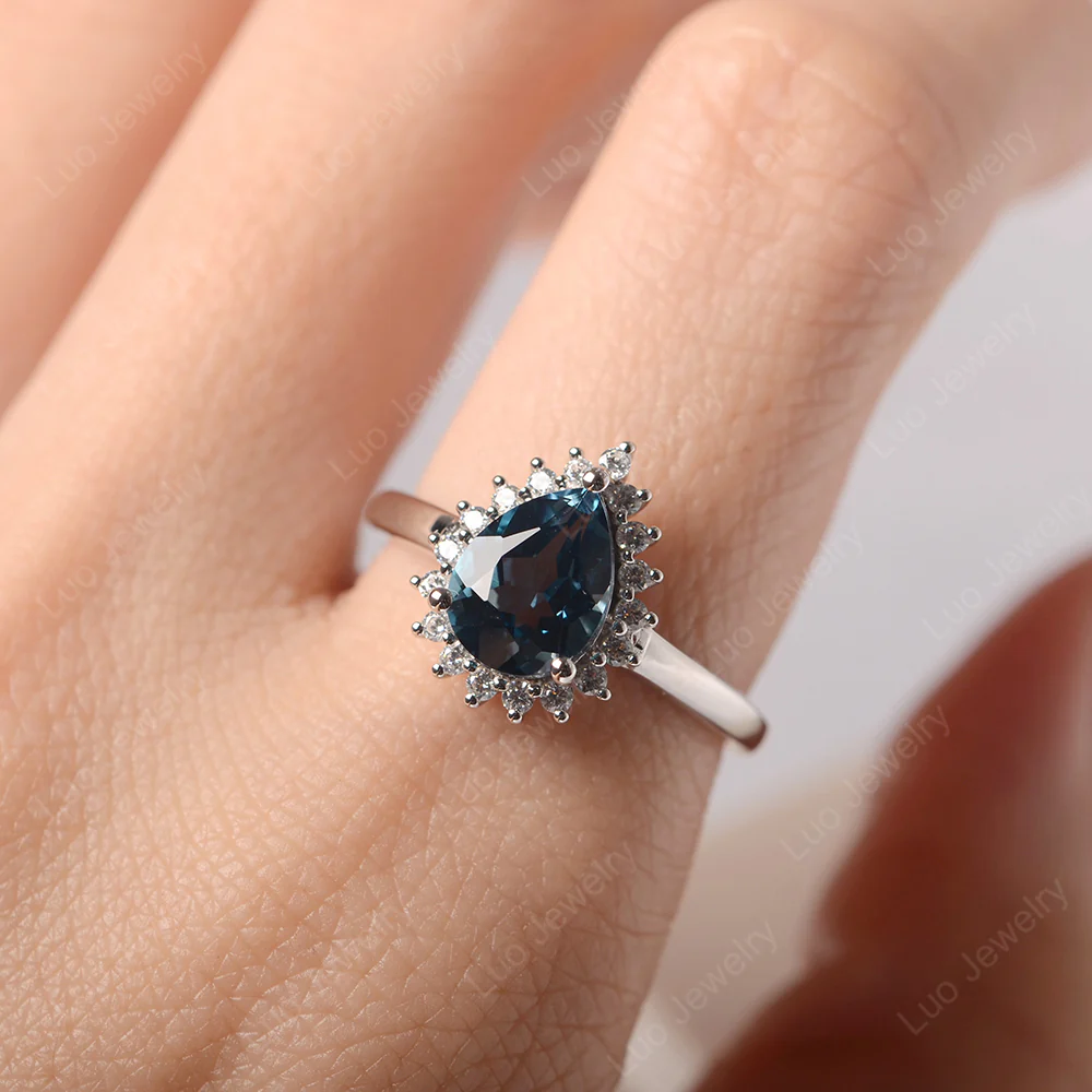 London Blue Topaz Pear Shaped Halo Ring - Image 5