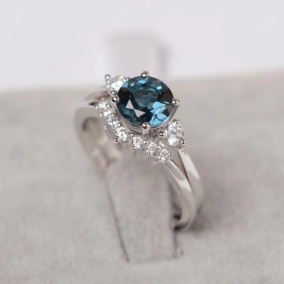 Round London Blue Topaz Wedding Ring Set - Image 11