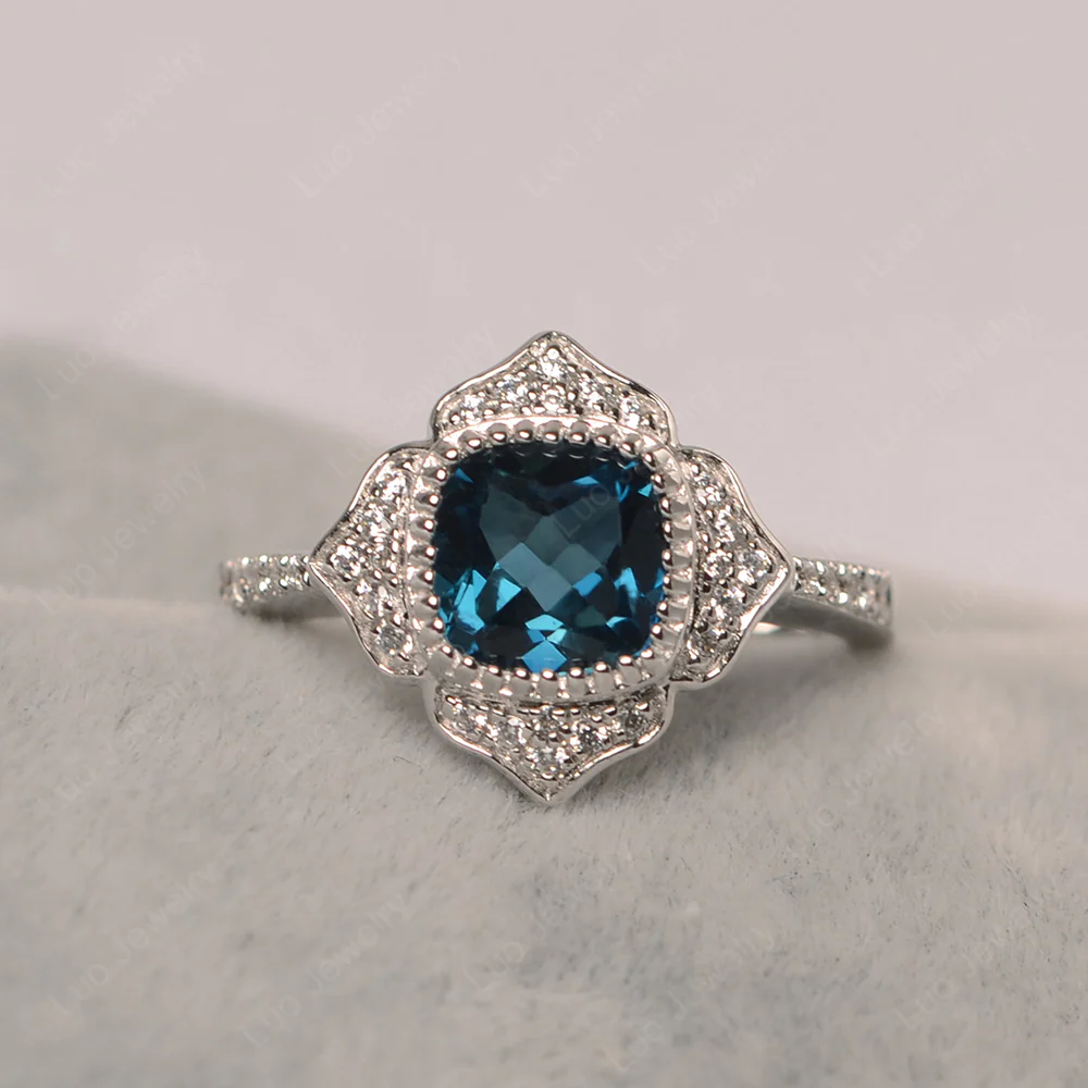 Cushion London Blue Topaz Bezel Set Halo Floral Ring