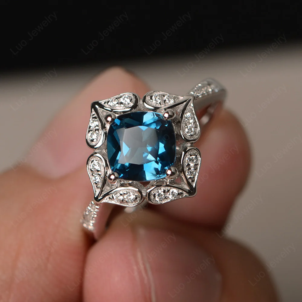 London Blue Topaz Ring Cushion Cut Kite Set