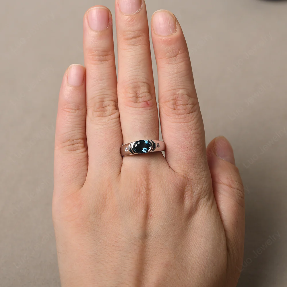 Oval London Blue Topaz Horizontal Unisex Ring - Image 5