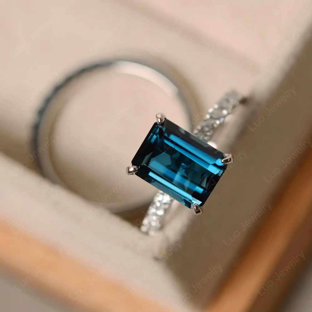 London Blue Topaz Emerald Cut Wedding Ring Sets - Image 2