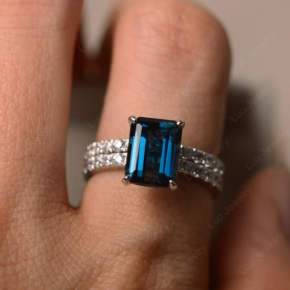 London Blue Topaz Emerald Cut Wedding Ring Sets - Image 5