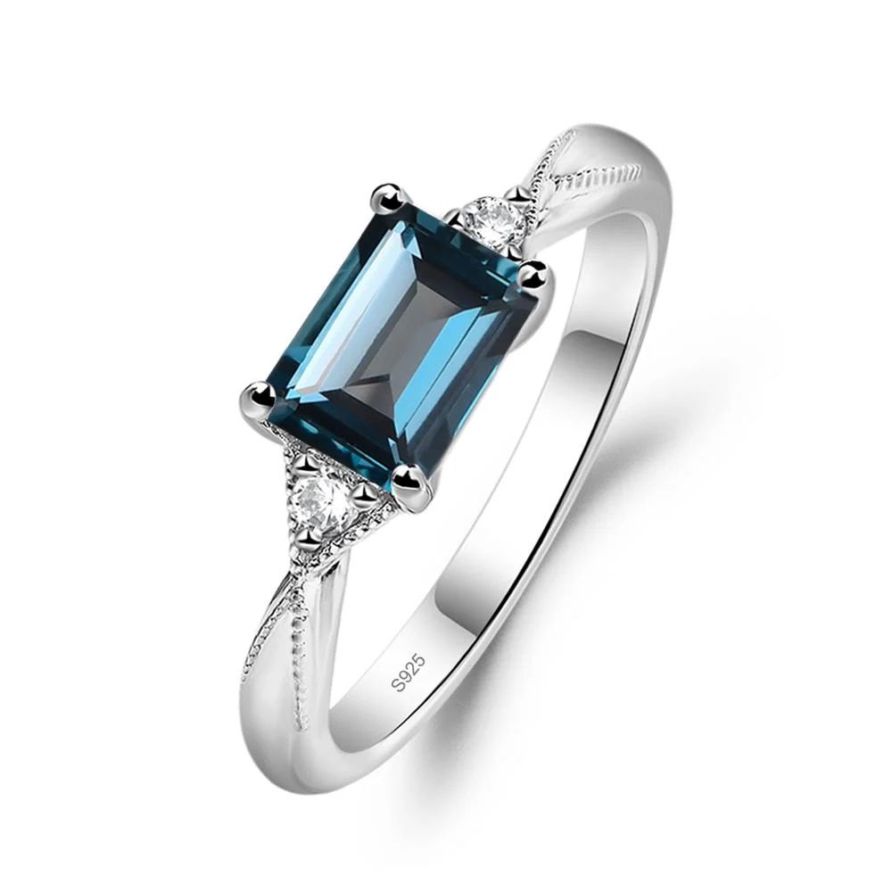 Horizontal Emerald Cut London Blue Topaz Engagement Ring - Image 2