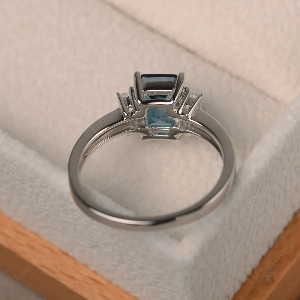 Emerald Cut London Blue Topaz Ring with Baguettes - Image 3