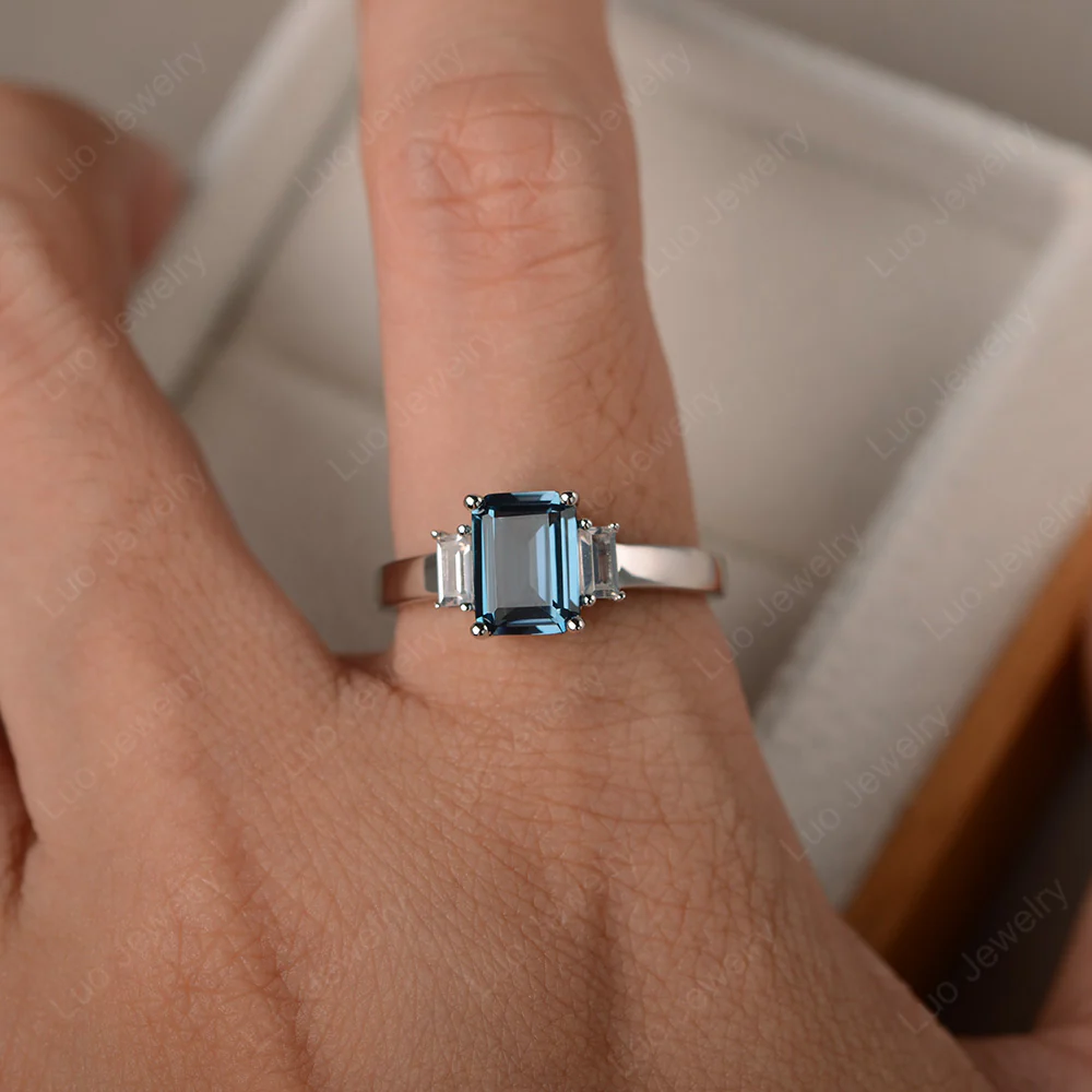 Emerald Cut London Blue Topaz Ring with Baguettes - Image 4