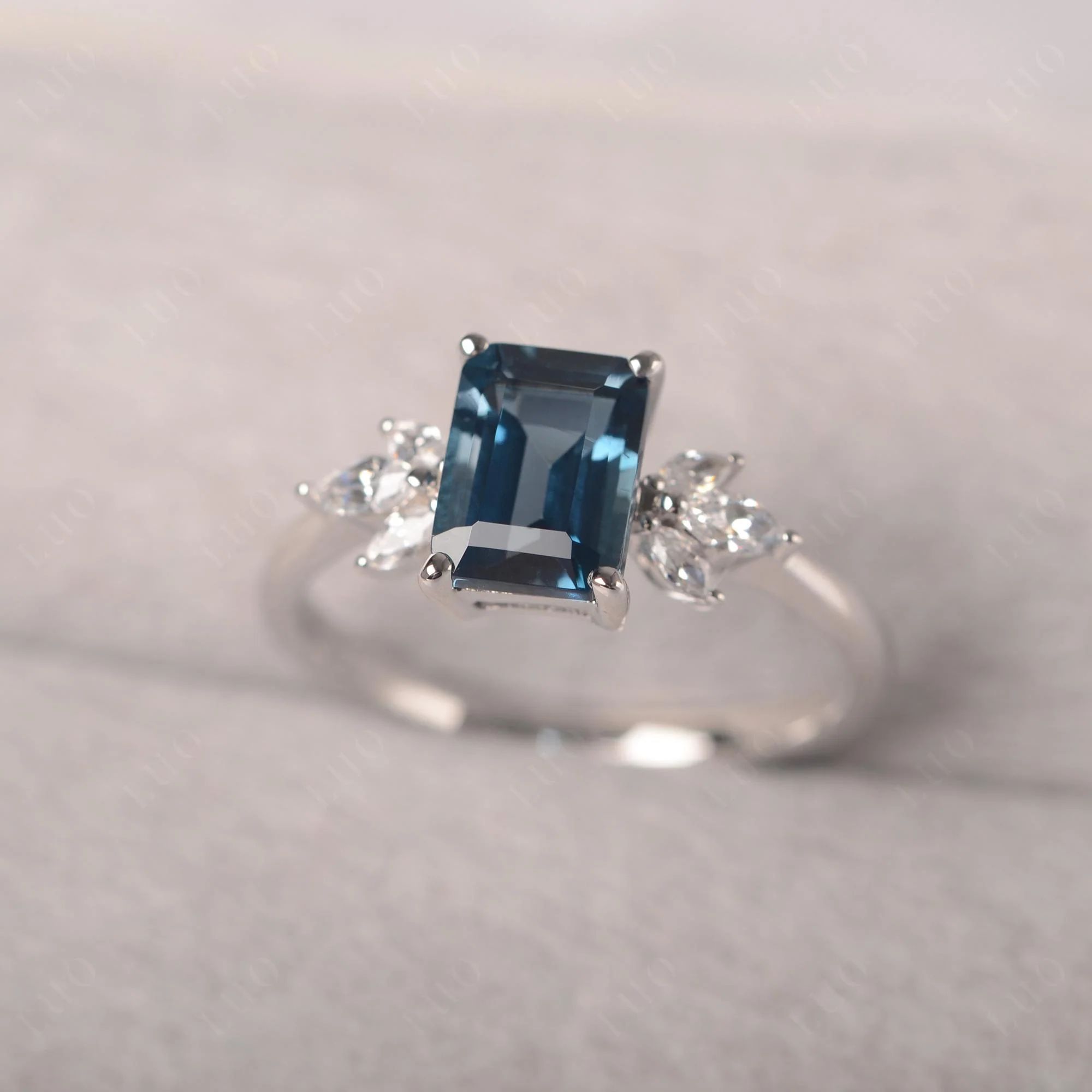 Sunburst Emerald Cut London Blue Topaz Ring - Image 11