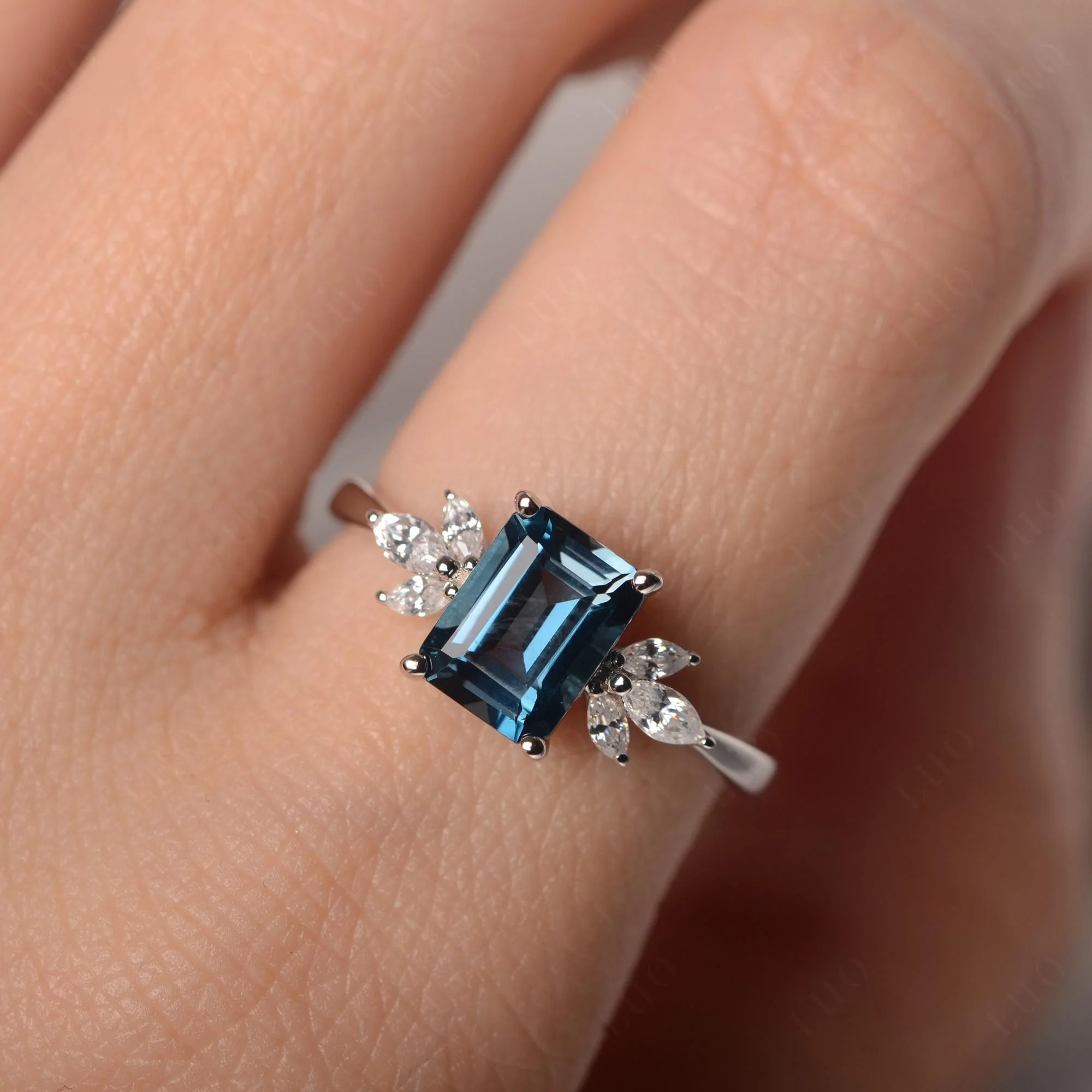 Sunburst Emerald Cut London Blue Topaz Ring - Image 14