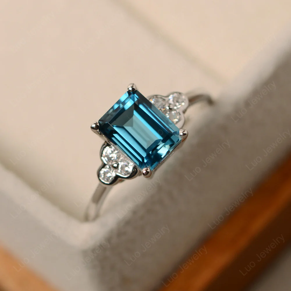 Emerald Cut London Blue Topaz Ring with Trio - Image 2