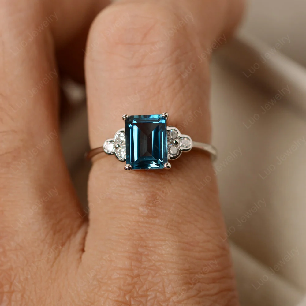 Emerald Cut London Blue Topaz Ring with Trio - Image 4