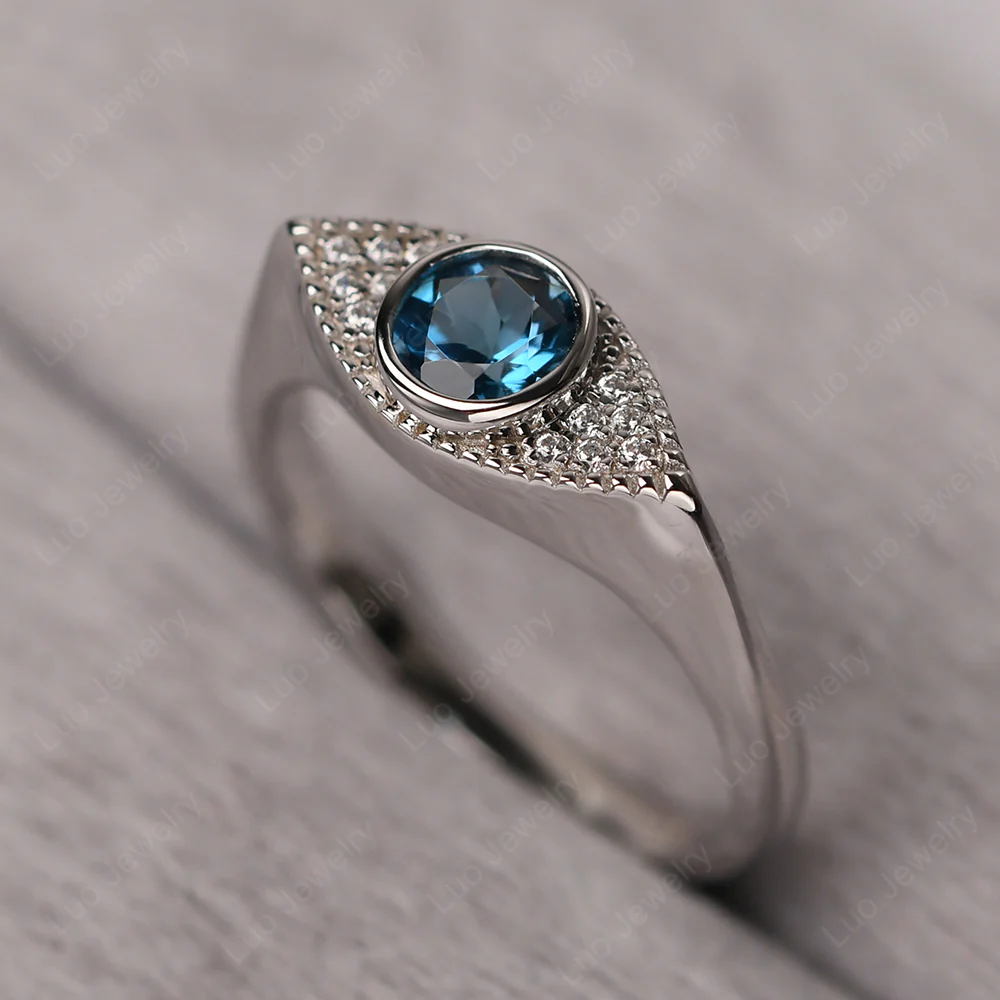 London Blue Topaz Bezel Set Evil Eye Ring - Image 2