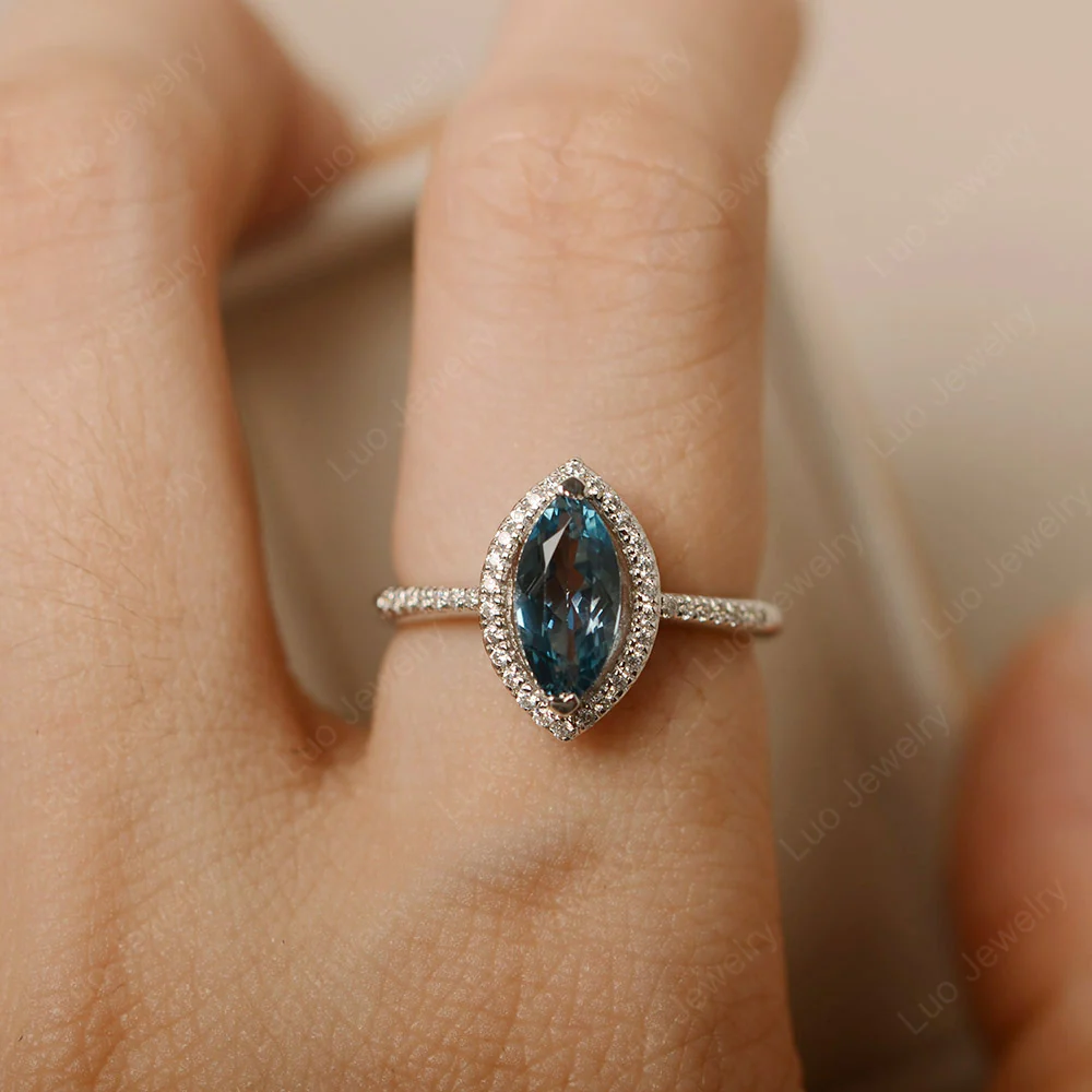 London Blue Topaz Marquise Ring with Halo - Image 5