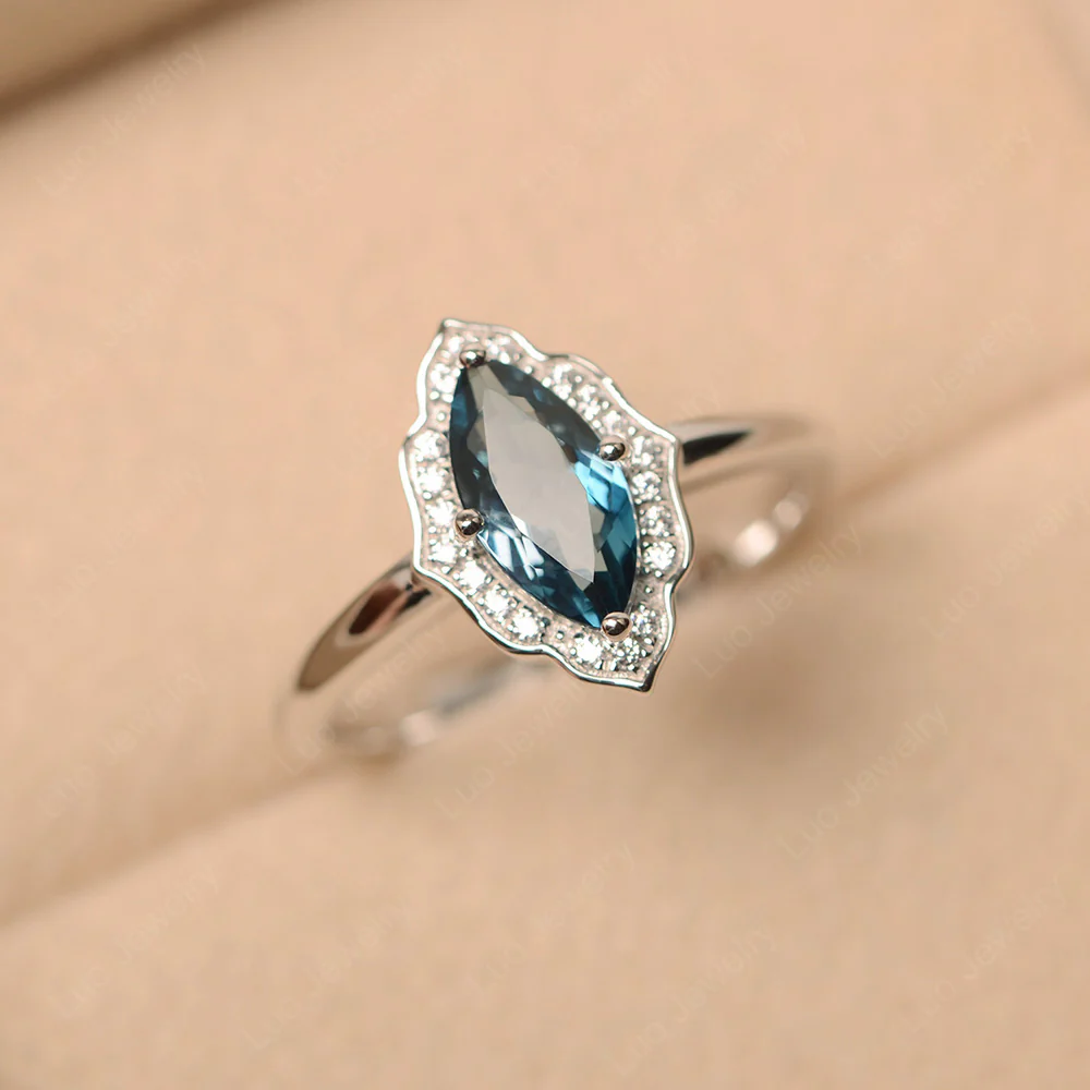 Marquise Cut London Blue Topaz Halo Engagement Ring - Image 2